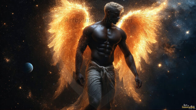 A detailed AI generated photograph featuring a beautiful handsome male angel warrior with ethereal skin and a beautiful body. Imbued with feathered wings, enormous and shimmering, a powerful warrior from the heavens. He possesses a strong, sharp jawline, chiseled muscular torso, pectorals, abs, sleek nose high cheekbones, vibrant eyes, silver earrings. With huge vibrate silver feathered wings, enormous and shimmering, with a radiant hue, reflecting light in a mesmerizing way. Here is a raw, untamed energy that emanates from him. His presence is electrifying, drawing viewers in with his captivating gaze and formidable presence. Perfect face, perfect hands.