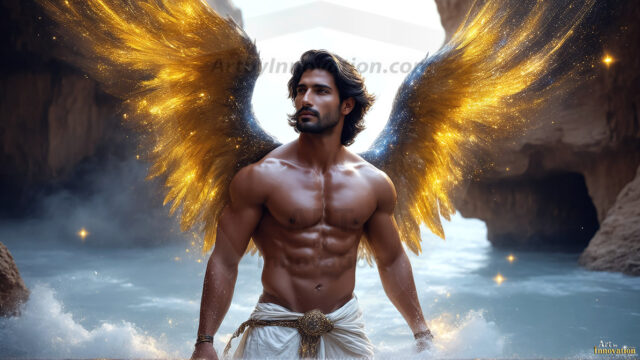 A detailed AI generated photograph featuring a beautiful handsome male angel warrior with ethereal skin and a beautiful body. Imbued with feathered wings, enormous and shimmering, a powerful warrior from the heavens. He possesses a strong, sharp jawline, chiseled muscular torso, pectorals, abs, sleek nose high cheekbones, vibrant eyes, silver earrings. With huge vibrate silver feathered wings, enormous and shimmering, with a radiant hue, reflecting light in a mesmerizing way. Here is a raw, untamed energy that emanates from him. His presence is electrifying, drawing viewers in with his captivating gaze and formidable presence. Perfect face, perfect hands.