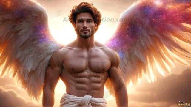 A detailed AI generated photograph featuring a beautiful handsome male angel warrior with ethereal skin and a beautiful body. Imbued with feathered wings, enormous and shimmering, a powerful warrior from the heavens. He possesses a strong, sharp jawline, chiseled muscular torso, pectorals, abs, sleek nose high cheekbones, vibrant eyes, silver earrings. With huge vibrate silver feathered wings, enormous and shimmering, with a radiant hue, reflecting light in a mesmerizing way. Here is a raw, untamed energy that emanates from him. His presence is electrifying, drawing viewers in with his captivating gaze and formidable presence. Perfect face, perfect hands.