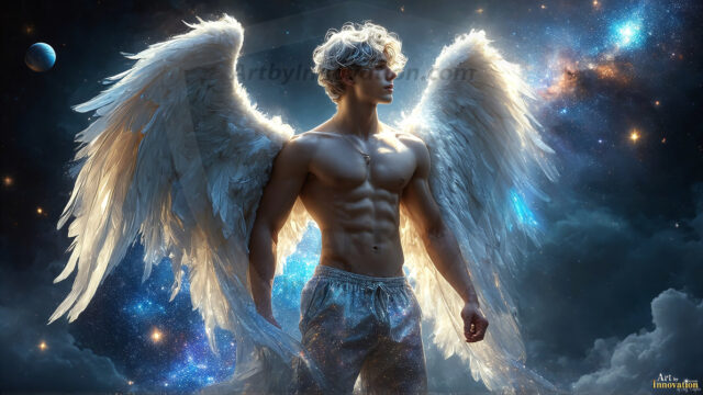 A detailed AI generated photograph featuring a beautiful handsome male angel warrior with ethereal skin and a beautiful body. Imbued with feathered wings, enormous and shimmering, a powerful warrior from the heavens. He possesses a strong, sharp jawline, chiseled muscular torso, pectorals, abs, sleek nose high cheekbones, vibrant eyes, silver earrings. With huge vibrate silver feathered wings, enormous and shimmering, with a radiant hue, reflecting light in a mesmerizing way. Here is a raw, untamed energy that emanates from him. His presence is electrifying, drawing viewers in with his captivating gaze and formidable presence. Perfect face, perfect hands.