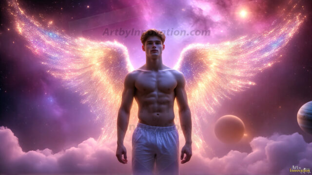 A detailed AI generated photograph featuring a beautiful handsome male angel warrior with ethereal skin and a beautiful body. Imbued with feathered wings, enormous and shimmering, a powerful warrior from the heavens. He possesses a strong, sharp jawline, chiseled muscular torso, pectorals, abs, sleek nose high cheekbones, vibrant eyes, silver earrings. With huge vibrate silver feathered wings, enormous and shimmering, with a radiant hue, reflecting light in a mesmerizing way. Here is a raw, untamed energy that emanates from him. His presence is electrifying, drawing viewers in with his captivating gaze and formidable presence. Perfect face, perfect hands.