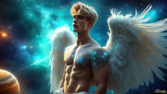 A detailed AI generated photograph featuring a beautiful handsome male angel warrior with ethereal skin and a beautiful body. Imbued with feathered wings, enormous and shimmering, a powerful warrior from the heavens. He possesses a strong, sharp jawline, chiseled muscular torso, pectorals, abs, sleek nose high cheekbones, vibrant eyes, silver earrings. With huge vibrate silver feathered wings, enormous and shimmering, with a radiant hue, reflecting light in a mesmerizing way. Here is a raw, untamed energy that emanates from him. His presence is electrifying, drawing viewers in with his captivating gaze and formidable presence. Perfect face, perfect hands.