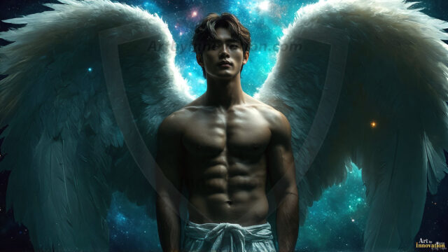 A detailed AI generated photograph featuring a beautiful handsome male angel warrior with ethereal skin and a beautiful body. Imbued with feathered wings, enormous and shimmering, a powerful warrior from the heavens. He possesses a strong, sharp jawline, chiseled muscular torso, pectorals, abs, sleek nose high cheekbones, vibrant eyes, silver earrings. With huge vibrate silver feathered wings, enormous and shimmering, with a radiant hue, reflecting light in a mesmerizing way. Here is a raw, untamed energy that emanates from him. His presence is electrifying, drawing viewers in with his captivating gaze and formidable presence. Perfect face, perfect hands.