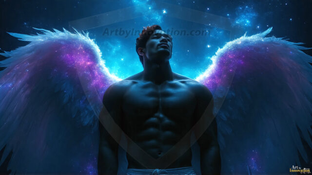 A detailed AI generated photograph featuring a beautiful handsome male angel warrior with ethereal skin and a beautiful body. Imbued with feathered wings, enormous and shimmering, a powerful warrior from the heavens. He possesses a strong, sharp jawline, chiseled muscular torso, pectorals, abs, sleek nose high cheekbones, vibrant eyes, silver earrings. With huge vibrate silver feathered wings, enormous and shimmering, with a radiant hue, reflecting light in a mesmerizing way. Here is a raw, untamed energy that emanates from him. His presence is electrifying, drawing viewers in with his captivating gaze and formidable presence. Perfect face, perfect hands.