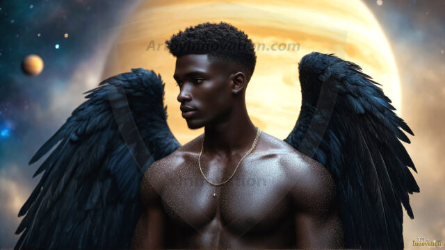 A detailed AI generated photograph featuring a beautiful handsome male angel warrior with ethereal skin and a beautiful body. Imbued with feathered wings, enormous and shimmering, a powerful warrior from the heavens. He possesses a strong, sharp jawline, chiseled muscular torso, pectorals, abs, sleek nose high cheekbones, vibrant eyes, silver earrings. With huge vibrate silver feathered wings, enormous and shimmering, with a radiant hue, reflecting light in a mesmerizing way. Here is a raw, untamed energy that emanates from him. His presence is electrifying, drawing viewers in with his captivating gaze and formidable presence. Perfect face, perfect hands.