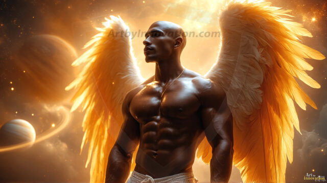 A detailed AI generated photograph featuring a beautiful handsome male angel warrior with ethereal skin and a beautiful body. Imbued with feathered wings, enormous and shimmering, a powerful warrior from the heavens. He possesses a strong, sharp jawline, chiseled muscular torso, pectorals, abs, sleek nose high cheekbones, vibrant eyes, silver earrings. With huge vibrate silver feathered wings, enormous and shimmering, with a radiant hue, reflecting light in a mesmerizing way. Here is a raw, untamed energy that emanates from him. His presence is electrifying, drawing viewers in with his captivating gaze and formidable presence. Perfect face, perfect hands.