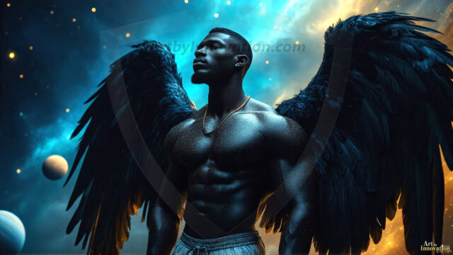 A detailed AI generated photograph featuring a beautiful handsome male angel warrior with ethereal skin and a beautiful body. Imbued with feathered wings, enormous and shimmering, a powerful warrior from the heavens. He possesses a strong, sharp jawline, chiseled muscular torso, pectorals, abs, sleek nose high cheekbones, vibrant eyes, silver earrings. With huge vibrate silver feathered wings, enormous and shimmering, with a radiant hue, reflecting light in a mesmerizing way. Here is a raw, untamed energy that emanates from him. His presence is electrifying, drawing viewers in with his captivating gaze and formidable presence. Perfect face, perfect hands.