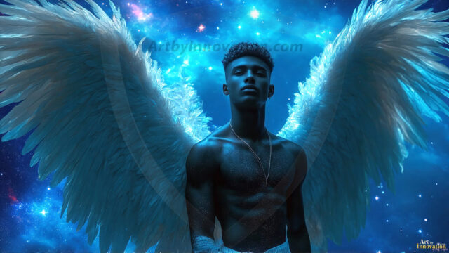 A detailed AI generated photograph featuring a beautiful handsome male angel warrior with ethereal skin and a beautiful body. Imbued with feathered wings, enormous and shimmering, a powerful warrior from the heavens. He possesses a strong, sharp jawline, chiseled muscular torso, pectorals, abs, sleek nose high cheekbones, vibrant eyes, silver earrings. With huge vibrate silver feathered wings, enormous and shimmering, with a radiant hue, reflecting light in a mesmerizing way. Here is a raw, untamed energy that emanates from him. His presence is electrifying, drawing viewers in with his captivating gaze and formidable presence. Perfect face, perfect hands.