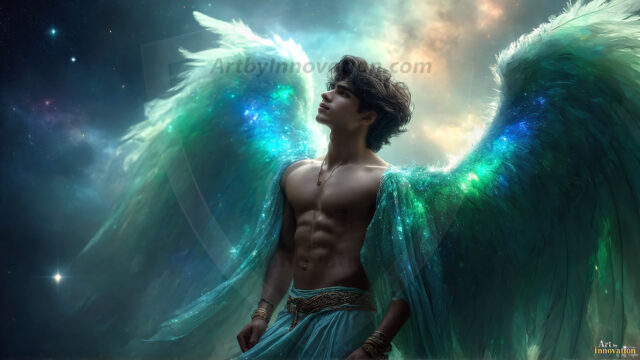 A detailed AI generated photograph featuring a beautiful handsome male angel warrior with ethereal skin and a beautiful body. Imbued with feathered wings, enormous and shimmering, a powerful warrior from the heavens. He possesses a strong, sharp jawline, chiseled muscular torso, pectorals, abs, sleek nose high cheekbones, vibrant eyes, silver earrings. With huge vibrate silver feathered wings, enormous and shimmering, with a radiant hue, reflecting light in a mesmerizing way. Here is a raw, untamed energy that emanates from him. His presence is electrifying, drawing viewers in with his captivating gaze and formidable presence. Perfect face, perfect hands.