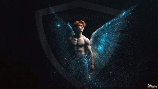 A detailed AI generated photograph featuring a beautiful handsome male angel warrior with ethereal skin and a beautiful body. Imbued with feathered wings, enormous and shimmering, a powerful warrior from the heavens. He possesses a strong, sharp jawline, chiseled muscular torso, pectorals, abs, sleek nose high cheekbones, vibrant eyes, silver earrings. With huge vibrate silver feathered wings, enormous and shimmering, with a radiant hue, reflecting light in a mesmerizing way. Here is a raw, untamed energy that emanates from him. His presence is electrifying, drawing viewers in with his captivating gaze and formidable presence. Perfect face, perfect hands.