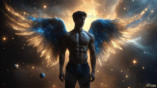 A detailed AI generated photograph featuring a beautiful handsome male angel warrior with ethereal skin and a beautiful body. Imbued with feathered wings, enormous and shimmering, a powerful warrior from the heavens. He possesses a strong, sharp jawline, chiseled muscular torso, pectorals, abs, sleek nose high cheekbones, vibrant eyes, silver earrings. With huge vibrate silver feathered wings, enormous and shimmering, with a radiant hue, reflecting light in a mesmerizing way. Here is a raw, untamed energy that emanates from him. His presence is electrifying, drawing viewers in with his captivating gaze and formidable presence. Perfect face, perfect hands.