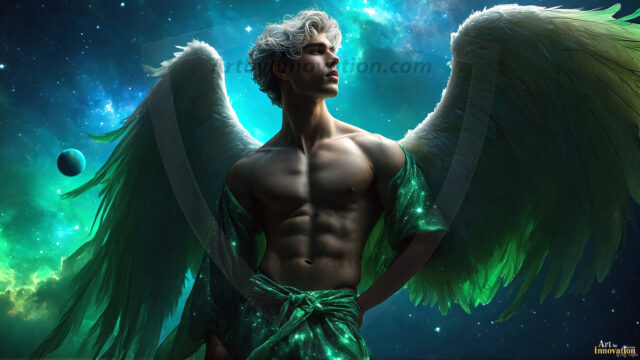 A detailed AI generated photograph featuring a beautiful handsome male angel warrior with ethereal skin and a beautiful body. Imbued with feathered wings, enormous and shimmering, a powerful warrior from the heavens. He possesses a strong, sharp jawline, chiseled muscular torso, pectorals, abs, sleek nose high cheekbones, vibrant eyes, silver earrings. With huge vibrate silver feathered wings, enormous and shimmering, with a radiant hue, reflecting light in a mesmerizing way. Here is a raw, untamed energy that emanates from him. His presence is electrifying, drawing viewers in with his captivating gaze and formidable presence. Perfect face, perfect hands.