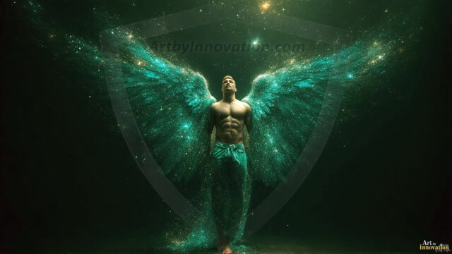 A detailed AI generated photograph featuring a beautiful handsome male angel warrior with ethereal skin and a beautiful body. Imbued with feathered wings, enormous and shimmering, a powerful warrior from the heavens. He possesses a strong, sharp jawline, chiseled muscular torso, pectorals, abs, sleek nose high cheekbones, vibrant eyes, silver earrings. With huge vibrate silver feathered wings, enormous and shimmering, with a radiant hue, reflecting light in a mesmerizing way. Here is a raw, untamed energy that emanates from him. His presence is electrifying, drawing viewers in with his captivating gaze and formidable presence. Perfect face, perfect hands.