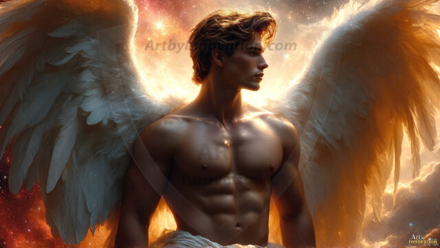 A detailed AI generated photograph featuring a beautiful handsome male angel warrior with ethereal skin and a beautiful body. Imbued with feathered wings, enormous and shimmering, a powerful warrior from the heavens. He possesses a strong, sharp jawline, chiseled muscular torso, pectorals, abs, sleek nose high cheekbones, vibrant eyes, silver earrings. With huge vibrate silver feathered wings, enormous and shimmering, with a radiant hue, reflecting light in a mesmerizing way. Here is a raw, untamed energy that emanates from him. His presence is electrifying, drawing viewers in with his captivating gaze and formidable presence. Perfect face, perfect hands.