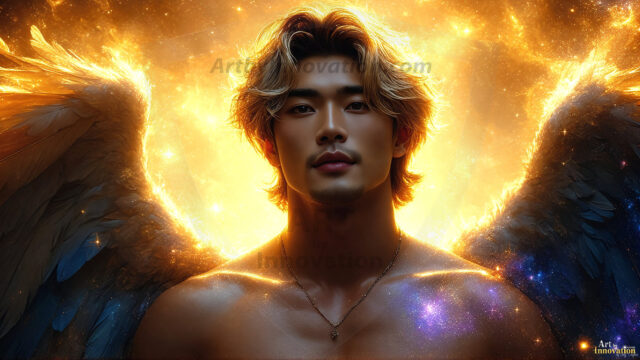A detailed AI generated photograph featuring a beautiful handsome male angel warrior with ethereal skin and a beautiful body. Imbued with feathered wings, enormous and shimmering, a powerful warrior from the heavens. He possesses a strong, sharp jawline, chiseled muscular torso, pectorals, abs, sleek nose high cheekbones, vibrant eyes, silver earrings. With huge vibrate silver feathered wings, enormous and shimmering, with a radiant hue, reflecting light in a mesmerizing way. Here is a raw, untamed energy that emanates from him. His presence is electrifying, drawing viewers in with his captivating gaze and formidable presence. Perfect face, perfect hands.