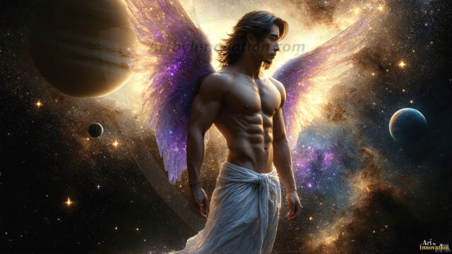 A detailed AI generated photograph featuring a beautiful handsome male angel warrior with ethereal skin and a beautiful body. Imbued with feathered wings, enormous and shimmering, a powerful warrior from the heavens. He possesses a strong, sharp jawline, chiseled muscular torso, pectorals, abs, sleek nose high cheekbones, vibrant eyes, silver earrings. With huge vibrate silver feathered wings, enormous and shimmering, with a radiant hue, reflecting light in a mesmerizing way. Here is a raw, untamed energy that emanates from him. His presence is electrifying, drawing viewers in with his captivating gaze and formidable presence. Perfect face, perfect hands.