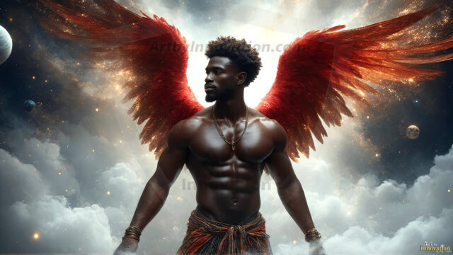 A detailed AI generated photograph featuring a beautiful handsome male angel warrior with ethereal skin and a beautiful body. Imbued with feathered wings, enormous and shimmering, a powerful warrior from the heavens. He possesses a strong, sharp jawline, chiseled muscular torso, pectorals, abs, sleek nose high cheekbones, vibrant eyes, silver earrings. With huge vibrate silver feathered wings, enormous and shimmering, with a radiant hue, reflecting light in a mesmerizing way. Here is a raw, untamed energy that emanates from him. His presence is electrifying, drawing viewers in with his captivating gaze and formidable presence. Perfect face, perfect hands.