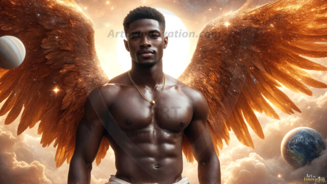 A detailed AI generated photograph featuring a beautiful handsome male angel warrior with ethereal skin and a beautiful body. Imbued with feathered wings, enormous and shimmering, a powerful warrior from the heavens. He possesses a strong, sharp jawline, chiseled muscular torso, pectorals, abs, sleek nose high cheekbones, vibrant eyes, silver earrings. With huge vibrate silver feathered wings, enormous and shimmering, with a radiant hue, reflecting light in a mesmerizing way. Here is a raw, untamed energy that emanates from him. His presence is electrifying, drawing viewers in with his captivating gaze and formidable presence. Perfect face, perfect hands.