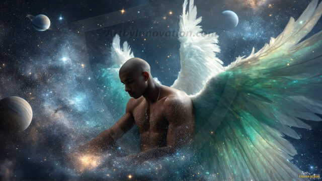 A detailed AI generated photograph featuring a beautiful handsome male angel warrior with ethereal skin and a beautiful body. Imbued with feathered wings, enormous and shimmering, a powerful warrior from the heavens. He possesses a strong, sharp jawline, chiseled muscular torso, pectorals, abs, sleek nose high cheekbones, vibrant eyes, silver earrings. With huge vibrate silver feathered wings, enormous and shimmering, with a radiant hue, reflecting light in a mesmerizing way. Here is a raw, untamed energy that emanates from him. His presence is electrifying, drawing viewers in with his captivating gaze and formidable presence. Perfect face, perfect hands.