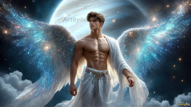 A detailed AI generated photograph featuring a beautiful handsome male angel warrior with ethereal skin and a beautiful body. Imbued with feathered wings, enormous and shimmering, a powerful warrior from the heavens. He possesses a strong, sharp jawline, chiseled muscular torso, pectorals, abs, sleek nose high cheekbones, vibrant eyes, silver earrings. With huge vibrate silver feathered wings, enormous and shimmering, with a radiant hue, reflecting light in a mesmerizing way. Here is a raw, untamed energy that emanates from him. His presence is electrifying, drawing viewers in with his captivating gaze and formidable presence. Perfect face, perfect hands.