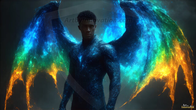 A detailed AI generated photograph featuring a beautiful handsome male angel warrior with ethereal skin and a beautiful body. Imbued with feathered wings, enormous and shimmering, a powerful warrior from the heavens. He possesses a strong, sharp jawline, chiseled muscular torso, pectorals, abs, sleek nose high cheekbones, vibrant eyes, silver earrings. With huge vibrate silver feathered wings, enormous and shimmering, with a radiant hue, reflecting light in a mesmerizing way. Here is a raw, untamed energy that emanates from him. His presence is electrifying, drawing viewers in with his captivating gaze and formidable presence. Perfect face, perfect hands.