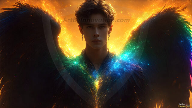 A detailed AI generated photograph featuring a beautiful handsome male angel warrior with ethereal skin and a beautiful body. Imbued with feathered wings, enormous and shimmering, a powerful warrior from the heavens. He possesses a strong, sharp jawline, chiseled muscular torso, pectorals, abs, sleek nose high cheekbones, vibrant eyes, silver earrings. With huge vibrate silver feathered wings, enormous and shimmering, with a radiant hue, reflecting light in a mesmerizing way. Here is a raw, untamed energy that emanates from him. His presence is electrifying, drawing viewers in with his captivating gaze and formidable presence. Perfect face, perfect hands.