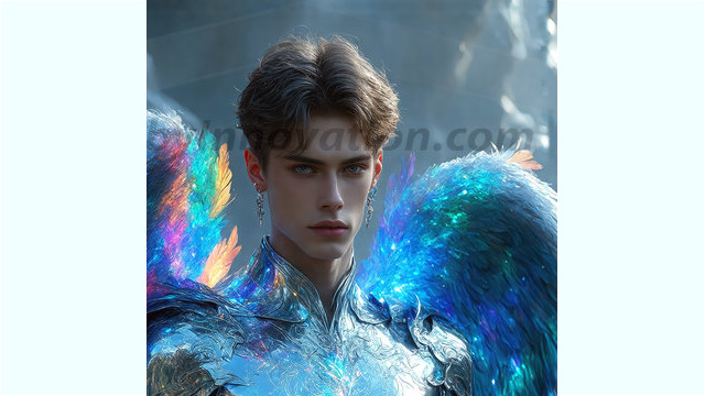 A detailed AI generated photograph featuring a beautiful handsome male angel warrior with ethereal skin and a beautiful body. Imbued with feathered wings, enormous and shimmering, a powerful warrior from the heavens. He possesses a strong, sharp jawline, chiseled muscular torso, pectorals, abs, sleek nose high cheekbones, vibrant eyes, silver earrings. With huge vibrate silver feathered wings, enormous and shimmering, with a radiant hue, reflecting light in a mesmerizing way. Here is a raw, untamed energy that emanates from him. His presence is electrifying, drawing viewers in with his captivating gaze and formidable presence. Perfect face, perfect hands.