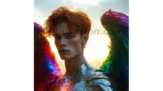 A detailed AI generated photograph featuring a beautiful handsome male angel warrior with ethereal skin and a beautiful body. Imbued with feathered wings, enormous and shimmering, a powerful warrior from the heavens. He possesses a strong, sharp jawline, chiseled muscular torso, pectorals, abs, sleek nose high cheekbones, vibrant eyes, silver earrings. With huge vibrate silver feathered wings, enormous and shimmering, with a radiant hue, reflecting light in a mesmerizing way. Here is a raw, untamed energy that emanates from him. His presence is electrifying, drawing viewers in with his captivating gaze and formidable presence. Perfect face, perfect hands.