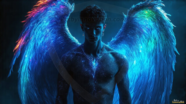 A detailed AI generated photograph featuring a beautiful handsome male angel warrior with ethereal skin and a beautiful body. Imbued with feathered wings, enormous and shimmering, a powerful warrior from the heavens. He possesses a strong, sharp jawline, chiseled muscular torso, pectorals, abs, sleek nose high cheekbones, vibrant eyes, silver earrings. With huge vibrate silver feathered wings, enormous and shimmering, with a radiant hue, reflecting light in a mesmerizing way. Here is a raw, untamed energy that emanates from him. His presence is electrifying, drawing viewers in with his captivating gaze and formidable presence. Perfect face, perfect hands.