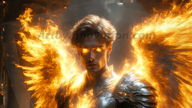 A detailed AI generated photograph featuring a beautiful handsome male angel warrior with ethereal skin and a beautiful body. Imbued with feathered wings, enormous and shimmering, a powerful warrior from the heavens. He possesses a strong, sharp jawline, chiseled muscular torso, pectorals, abs, sleek nose high cheekbones, vibrant eyes, silver earrings. With huge vibrate silver feathered wings, enormous and shimmering, with a radiant hue, reflecting light in a mesmerizing way. Here is a raw, untamed energy that emanates from him. His presence is electrifying, drawing viewers in with his captivating gaze and formidable presence. Perfect face, perfect hands.