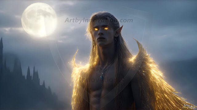 A detailed AI generated photograph featuring a beautiful handsome male angel warrior with ethereal skin and a beautiful body. Imbued with feathered wings, enormous and shimmering, a powerful warrior from the heavens. He possesses a strong, sharp jawline, chiseled muscular torso, pectorals, abs, sleek nose high cheekbones, vibrant eyes, silver earrings. With huge vibrate silver feathered wings, enormous and shimmering, with a radiant hue, reflecting light in a mesmerizing way. Here is a raw, untamed energy that emanates from him. His presence is electrifying, drawing viewers in with his captivating gaze and formidable presence. Perfect face, perfect hands.