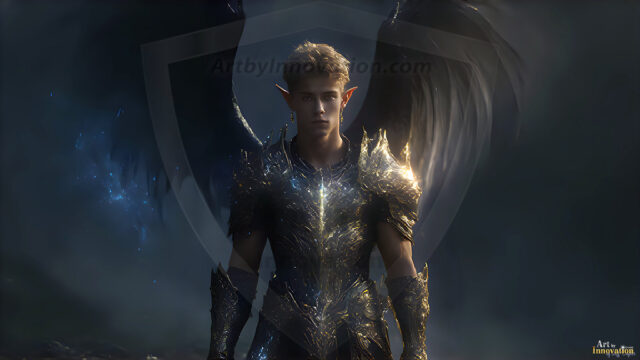 A detailed AI generated photograph featuring a beautiful handsome male angel warrior with ethereal skin and a beautiful body. Imbued with feathered wings, enormous and shimmering, a powerful warrior from the heavens. He possesses a strong, sharp jawline, chiseled muscular torso, pectorals, abs, sleek nose high cheekbones, vibrant eyes, silver earrings. With huge vibrate silver feathered wings, enormous and shimmering, with a radiant hue, reflecting light in a mesmerizing way. Here is a raw, untamed energy that emanates from him. His presence is electrifying, drawing viewers in with his captivating gaze and formidable presence. Perfect face, perfect hands.