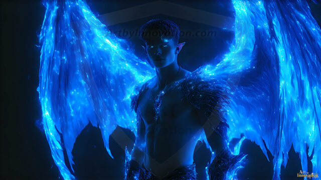 A detailed AI generated photograph featuring a beautiful handsome male angel warrior with ethereal skin and a beautiful body. Imbued with feathered wings, enormous and shimmering, a powerful warrior from the heavens. He possesses a strong, sharp jawline, chiseled muscular torso, pectorals, abs, sleek nose high cheekbones, vibrant eyes, silver earrings. With huge vibrate silver feathered wings, enormous and shimmering, with a radiant hue, reflecting light in a mesmerizing way. Here is a raw, untamed energy that emanates from him. His presence is electrifying, drawing viewers in with his captivating gaze and formidable presence. Perfect face, perfect hands.