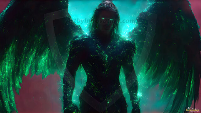 A detailed AI generated photograph featuring a beautiful handsome male angel warrior with ethereal skin and a beautiful body. Imbued with feathered wings, enormous and shimmering, a powerful warrior from the heavens. He possesses a strong, sharp jawline, chiseled muscular torso, pectorals, abs, sleek nose high cheekbones, vibrant eyes, silver earrings. With huge vibrate silver feathered wings, enormous and shimmering, with a radiant hue, reflecting light in a mesmerizing way. Here is a raw, untamed energy that emanates from him. His presence is electrifying, drawing viewers in with his captivating gaze and formidable presence. Perfect face, perfect hands.