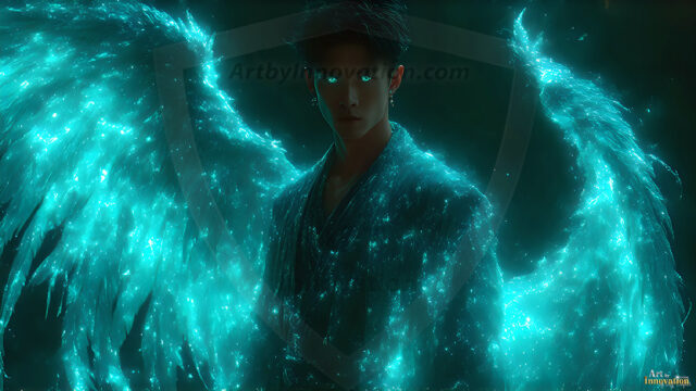 A detailed AI generated photograph featuring a beautiful handsome male angel warrior with ethereal skin and a beautiful body. Imbued with feathered wings, enormous and shimmering, a powerful warrior from the heavens. He possesses a strong, sharp jawline, chiseled muscular torso, pectorals, abs, sleek nose high cheekbones, vibrant eyes, silver earrings. With huge vibrate silver feathered wings, enormous and shimmering, with a radiant hue, reflecting light in a mesmerizing way. Here is a raw, untamed energy that emanates from him. His presence is electrifying, drawing viewers in with his captivating gaze and formidable presence. Perfect face, perfect hands.