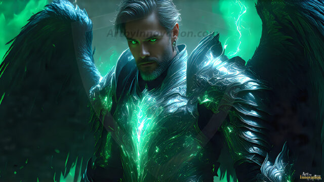 A detailed AI generated photograph featuring a beautiful handsome male angel warrior with ethereal skin and a beautiful body. Imbued with feathered wings, enormous and shimmering, a powerful warrior from the heavens. He possesses a strong, sharp jawline, chiseled muscular torso, pectorals, abs, sleek nose high cheekbones, vibrant eyes, silver earrings. With huge vibrate silver feathered wings, enormous and shimmering, with a radiant hue, reflecting light in a mesmerizing way. Here is a raw, untamed energy that emanates from him. His presence is electrifying, drawing viewers in with his captivating gaze and formidable presence. Perfect face, perfect hands.