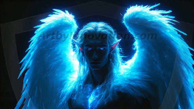 A detailed AI generated photograph featuring a beautiful handsome male angel warrior with ethereal skin and a beautiful body. Imbued with feathered wings, enormous and shimmering, a powerful warrior from the heavens. He possesses a strong, sharp jawline, chiseled muscular torso, pectorals, abs, sleek nose high cheekbones, vibrant eyes, silver earrings. With huge vibrate silver feathered wings, enormous and shimmering, with a radiant hue, reflecting light in a mesmerizing way. Here is a raw, untamed energy that emanates from him. His presence is electrifying, drawing viewers in with his captivating gaze and formidable presence. Perfect face, perfect hands.