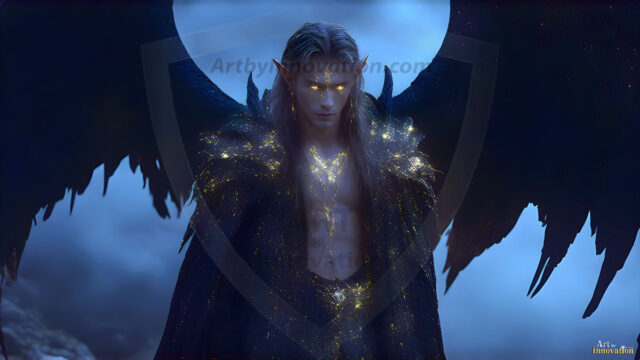 A detailed AI generated photograph featuring a beautiful handsome male angel warrior with ethereal skin and a beautiful body. Imbued with feathered wings, enormous and shimmering, a powerful warrior from the heavens. He possesses a strong, sharp jawline, chiseled muscular torso, pectorals, abs, sleek nose high cheekbones, vibrant eyes, silver earrings. With huge vibrate silver feathered wings, enormous and shimmering, with a radiant hue, reflecting light in a mesmerizing way. Here is a raw, untamed energy that emanates from him. His presence is electrifying, drawing viewers in with his captivating gaze and formidable presence. Perfect face, perfect hands.