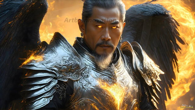 A detailed AI generated photograph featuring a beautiful handsome male angel warrior with ethereal skin and a beautiful body. Imbued with feathered wings, enormous and shimmering, a powerful warrior from the heavens. He possesses a strong, sharp jawline, chiseled muscular torso, pectorals, abs, sleek nose high cheekbones, vibrant eyes, silver earrings. With huge vibrate silver feathered wings, enormous and shimmering, with a radiant hue, reflecting light in a mesmerizing way. Here is a raw, untamed energy that emanates from him. His presence is electrifying, drawing viewers in with his captivating gaze and formidable presence. Perfect face, perfect hands.