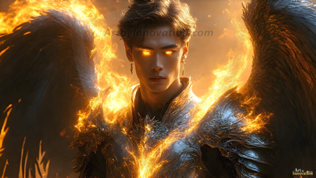 A detailed AI generated photograph featuring a beautiful handsome male angel warrior with ethereal skin and a beautiful body. Imbued with feathered wings, enormous and shimmering, a powerful warrior from the heavens. He possesses a strong, sharp jawline, chiseled muscular torso, pectorals, abs, sleek nose high cheekbones, vibrant eyes, silver earrings. With huge vibrate silver feathered wings, enormous and shimmering, with a radiant hue, reflecting light in a mesmerizing way. Here is a raw, untamed energy that emanates from him. His presence is electrifying, drawing viewers in with his captivating gaze and formidable presence. Perfect face, perfect hands.