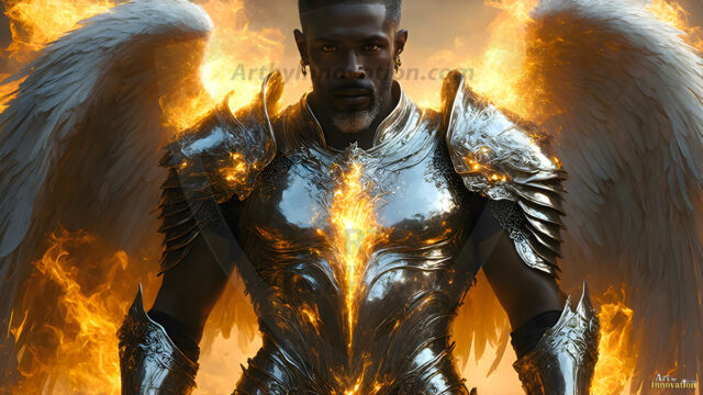 A detailed AI generated photograph featuring a beautiful handsome male angel warrior with ethereal skin and a beautiful body. Imbued with feathered wings, enormous and shimmering, a powerful warrior from the heavens. He possesses a strong, sharp jawline, chiseled muscular torso, pectorals, abs, sleek nose high cheekbones, vibrant eyes, silver earrings. With huge vibrate silver feathered wings, enormous and shimmering, with a radiant hue, reflecting light in a mesmerizing way. Here is a raw, untamed energy that emanates from him. His presence is electrifying, drawing viewers in with his captivating gaze and formidable presence. Perfect face, perfect hands.
