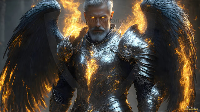 A detailed AI generated photograph featuring a beautiful handsome male angel warrior with ethereal skin and a beautiful body. Imbued with feathered wings, enormous and shimmering, a powerful warrior from the heavens. He possesses a strong, sharp jawline, chiseled muscular torso, pectorals, abs, sleek nose high cheekbones, vibrant eyes, silver earrings. With huge vibrate silver feathered wings, enormous and shimmering, with a radiant hue, reflecting light in a mesmerizing way. Here is a raw, untamed energy that emanates from him. His presence is electrifying, drawing viewers in with his captivating gaze and formidable presence. Perfect face, perfect hands.