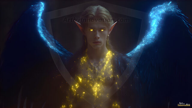 A detailed AI generated photograph featuring a beautiful handsome male angel warrior with ethereal skin and a beautiful body. Imbued with feathered wings, enormous and shimmering, a powerful warrior from the heavens. He possesses a strong, sharp jawline, chiseled muscular torso, pectorals, abs, sleek nose high cheekbones, vibrant eyes, silver earrings. With huge vibrate silver feathered wings, enormous and shimmering, with a radiant hue, reflecting light in a mesmerizing way. Here is a raw, untamed energy that emanates from him. His presence is electrifying, drawing viewers in with his captivating gaze and formidable presence. Perfect face, perfect hands.