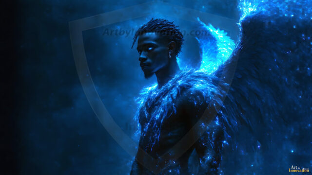 A detailed AI generated photograph featuring a beautiful handsome male angel warrior with ethereal skin and a beautiful body. Imbued with feathered wings, enormous and shimmering, a powerful warrior from the heavens. He possesses a strong, sharp jawline, chiseled muscular torso, pectorals, abs, sleek nose high cheekbones, vibrant eyes, silver earrings. With huge vibrate silver feathered wings, enormous and shimmering, with a radiant hue, reflecting light in a mesmerizing way. Here is a raw, untamed energy that emanates from him. His presence is electrifying, drawing viewers in with his captivating gaze and formidable presence. Perfect face, perfect hands.