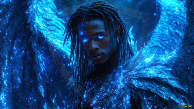 A detailed AI generated photograph featuring a beautiful handsome male angel warrior with ethereal skin and a beautiful body. Imbued with feathered wings, enormous and shimmering, a powerful warrior from the heavens. He possesses a strong, sharp jawline, chiseled muscular torso, pectorals, abs, sleek nose high cheekbones, vibrant eyes, silver earrings. With huge vibrate silver feathered wings, enormous and shimmering, with a radiant hue, reflecting light in a mesmerizing way. Here is a raw, untamed energy that emanates from him. His presence is electrifying, drawing viewers in with his captivating gaze and formidable presence. Perfect face, perfect hands.