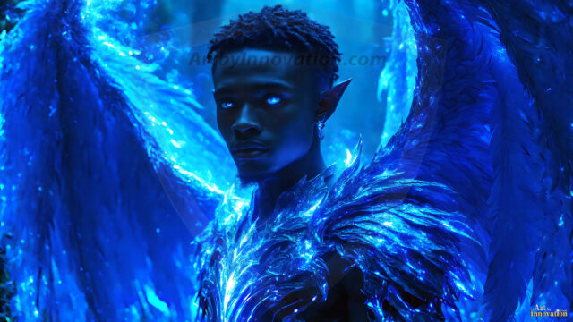 A detailed AI generated photograph featuring a beautiful handsome male angel warrior with ethereal skin and a beautiful body. Imbued with feathered wings, enormous and shimmering, a powerful warrior from the heavens. He possesses a strong, sharp jawline, chiseled muscular torso, pectorals, abs, sleek nose high cheekbones, vibrant eyes, silver earrings. With huge vibrate silver feathered wings, enormous and shimmering, with a radiant hue, reflecting light in a mesmerizing way. Here is a raw, untamed energy that emanates from him. His presence is electrifying, drawing viewers in with his captivating gaze and formidable presence. Perfect face, perfect hands.