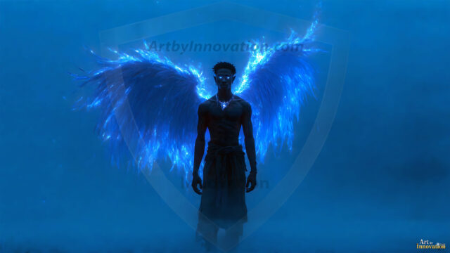 A detailed AI generated photograph featuring a beautiful handsome male angel warrior with ethereal skin and a beautiful body. Imbued with feathered wings, enormous and shimmering, a powerful warrior from the heavens. He possesses a strong, sharp jawline, chiseled muscular torso, pectorals, abs, sleek nose high cheekbones, vibrant eyes, silver earrings. With huge vibrate silver feathered wings, enormous and shimmering, with a radiant hue, reflecting light in a mesmerizing way. Here is a raw, untamed energy that emanates from him. His presence is electrifying, drawing viewers in with his captivating gaze and formidable presence. Perfect face, perfect hands.