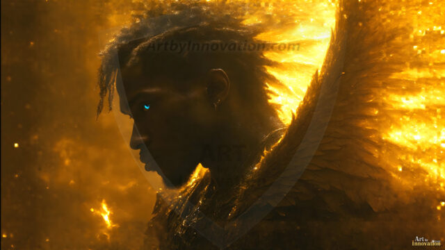 A detailed AI generated photograph featuring a beautiful handsome male angel warrior with ethereal skin and a beautiful body. Imbued with feathered wings, enormous and shimmering, a powerful warrior from the heavens. He possesses a strong, sharp jawline, chiseled muscular torso, pectorals, abs, sleek nose high cheekbones, vibrant eyes, silver earrings. With huge vibrate silver feathered wings, enormous and shimmering, with a radiant hue, reflecting light in a mesmerizing way. Here is a raw, untamed energy that emanates from him. His presence is electrifying, drawing viewers in with his captivating gaze and formidable presence. Perfect face, perfect hands.