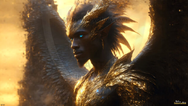 A detailed AI generated photograph featuring a beautiful handsome male angel warrior with ethereal skin and a beautiful body. Imbued with feathered wings, enormous and shimmering, a powerful warrior from the heavens. He possesses a strong, sharp jawline, chiseled muscular torso, pectorals, abs, sleek nose high cheekbones, vibrant eyes, silver earrings. With huge vibrate silver feathered wings, enormous and shimmering, with a radiant hue, reflecting light in a mesmerizing way. Here is a raw, untamed energy that emanates from him. His presence is electrifying, drawing viewers in with his captivating gaze and formidable presence. Perfect face, perfect hands.