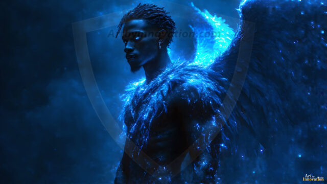 A detailed AI generated photograph featuring a beautiful handsome male angel warrior with ethereal skin and a beautiful body. Imbued with feathered wings, enormous and shimmering, a powerful warrior from the heavens. He possesses a strong, sharp jawline, chiseled muscular torso, pectorals, abs, sleek nose high cheekbones, vibrant eyes, silver earrings. With huge vibrate silver feathered wings, enormous and shimmering, with a radiant hue, reflecting light in a mesmerizing way. Here is a raw, untamed energy that emanates from him. His presence is electrifying, drawing viewers in with his captivating gaze and formidable presence. Perfect face, perfect hands.